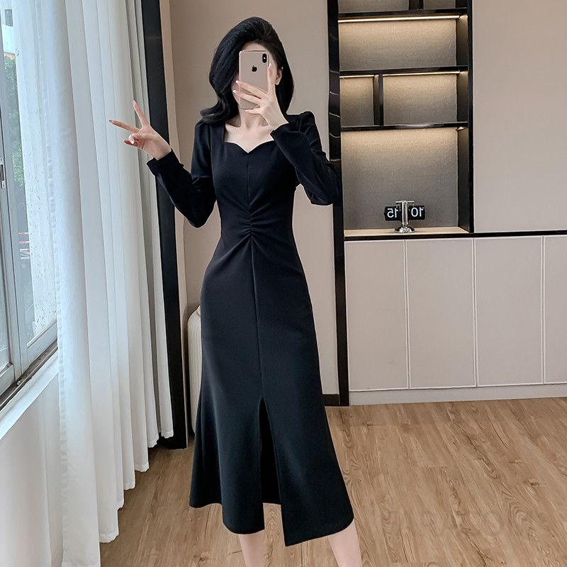 가을 스퀘어 칼라 슬림핏 롱 피쉬테일 원피스 엘라스틱 슬릿 디자인 여성 드레스 심플한 스타일 하객룩 여성원피스 - 상세 이미지 3