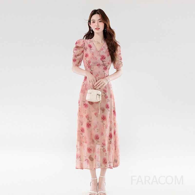 여성 여름 쉬폰 플라워 롱원피스 우아한 V넥 슬림핏 바캉스룩 휴양지 드레스 시원한 착용감 데일리 스타일 - 상품 이미지