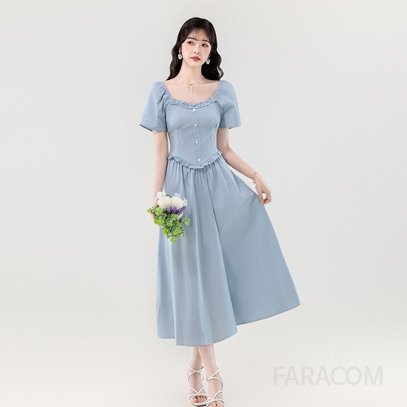 여름 스퀘어 칼라 슬림 롱 드레스 여성 여름원피스 엘라스틱 웨이스트 하트 버클 스타일리시한 바캉스룩 우아한 디자인 데일리웨어