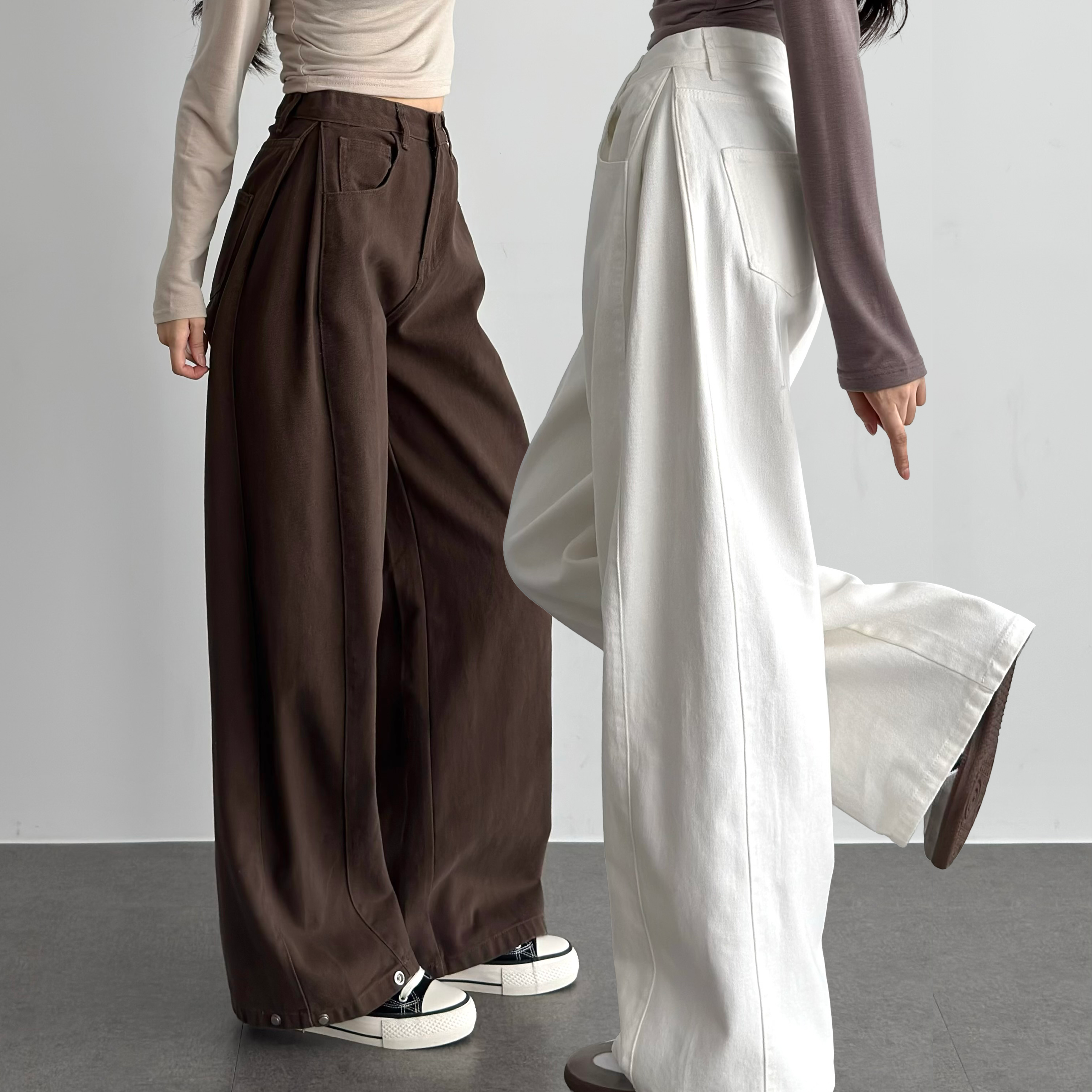 핀턱와이드팬츠 흰 흰색 바지 갈색 바지 - 상품 이미지