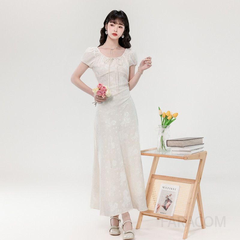 여름 여성 자카드 드로우스트링 롱 드레스 슬림핏 우아한 디자인 바캉스룩 시원한 착용감 데일리룩 외출용 원피스 - 상품 이미지