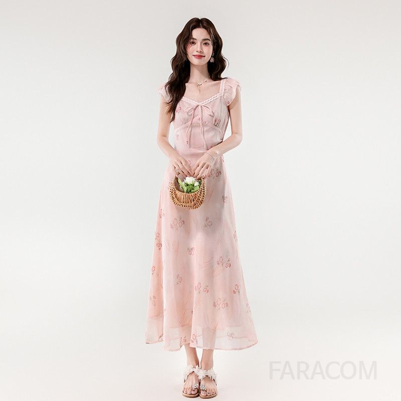 여름 프렌치 스타일 V넥 레이스 슬림 롱 원피스 여성 비치웨어 바캉스룩 민소매 드레스 시원한 착용감 여행룩 - 상세 이미지 4