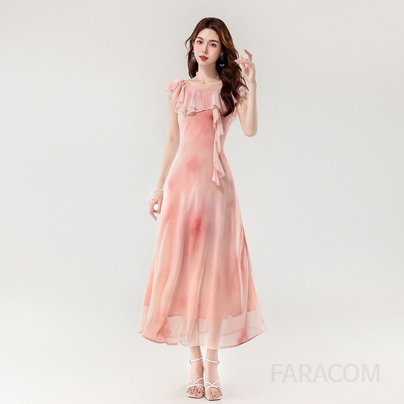 여성 원숄더 롱 슬림 드레스 우아한 핑크 그라데이션 연꽃잎 칼라 로맨틱 스타일 여름 파티 돌잔치 브라이덜샤워 연주회 촬영용 - 상세 이미지 4