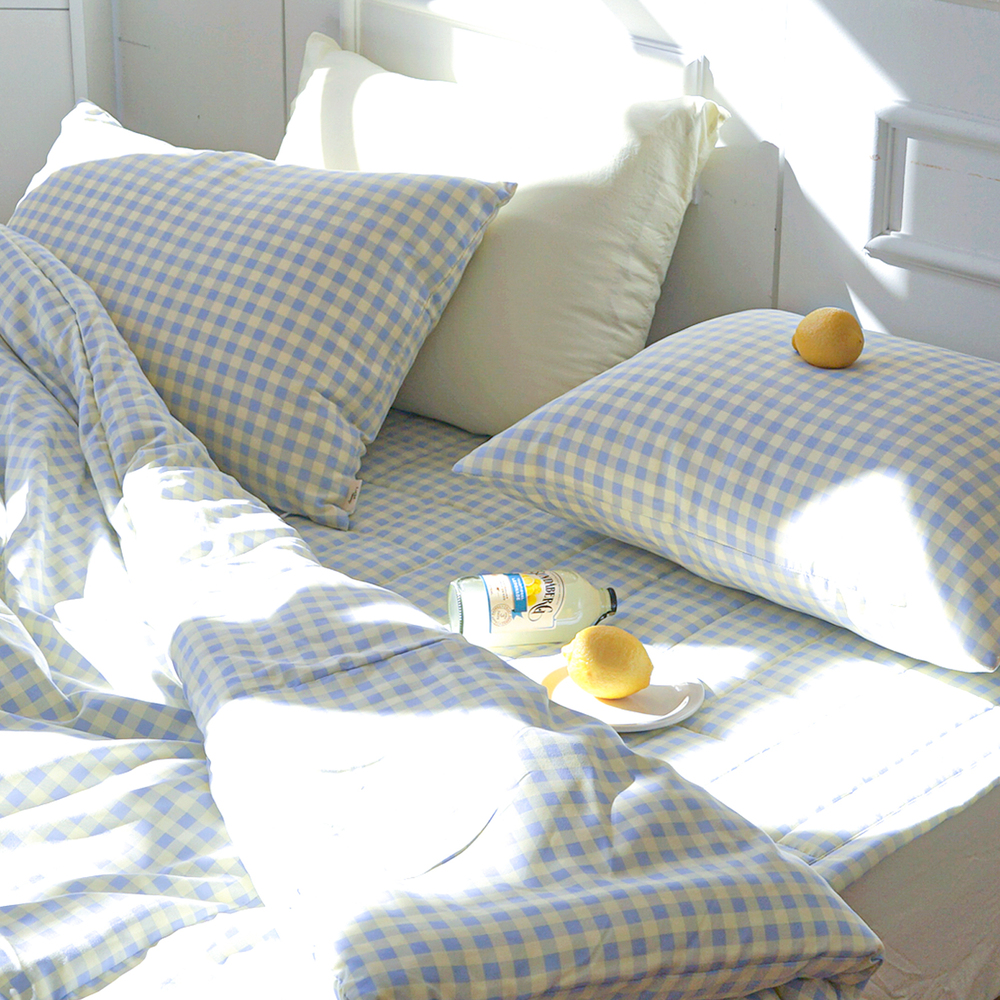 드림체크 먼지없는 사계절 옥수수솜 무봉제 차렵이불세트 블루 레몬, SS패드세트(이불+베개커버+침대패드)