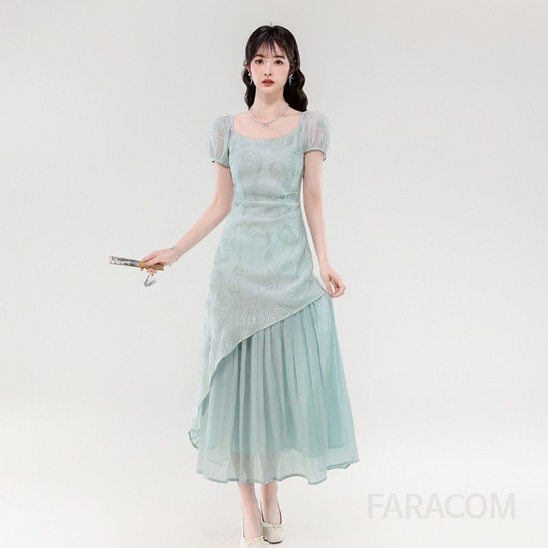 스퀘어 칼라 슬림 롱 드레스 여름 우아한 디자인 바캉스룩 여성용 휴양지 원피스 시원한 착용감 스타일리시한 외출용 - 상품 이미지