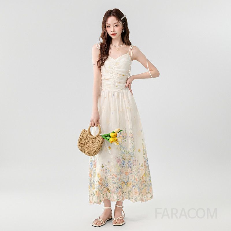 여성 여름 롱원피스 V넥 슬림핏 자수 프린트 서스펜더 드레스 로맨틱 스타일 데일리룩 바캉스룩 휴양지룩 시원한 착용감 - 상세 이미지 3