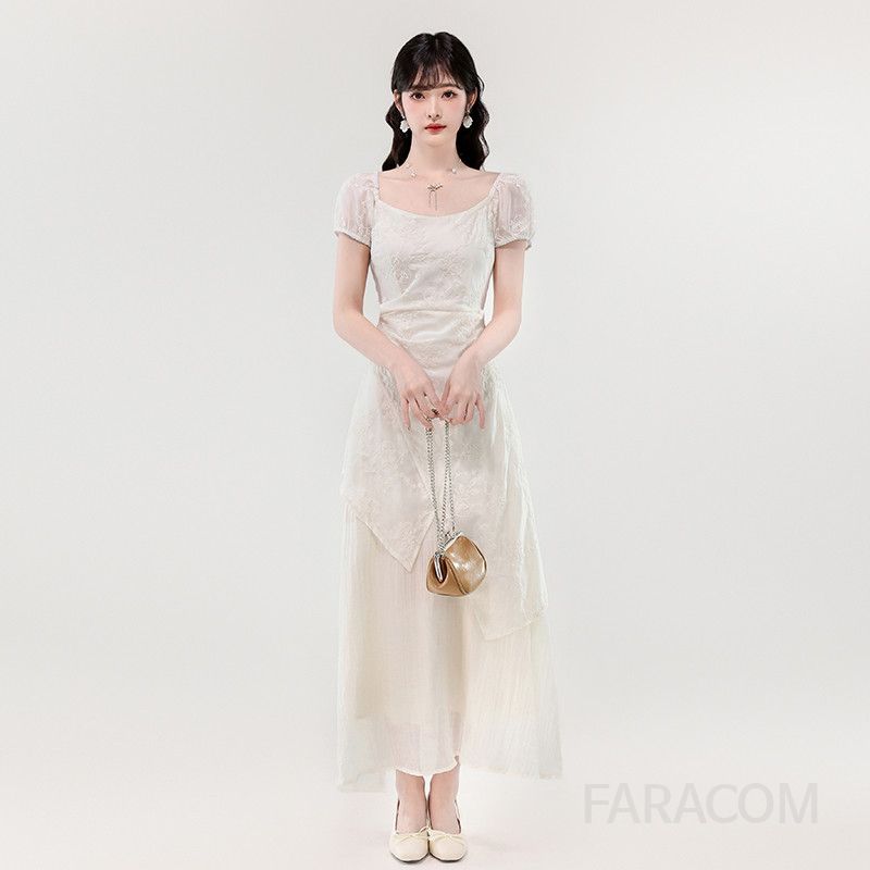 여성 여름원피스 살구색 자수 스퀘어 칼라 레이어드 스타일 시원한 착용감 불규칙 디자인 드레스 데일리룩 모던한 감성의 고급스러운 외출용 원피스 - 상품 이미지