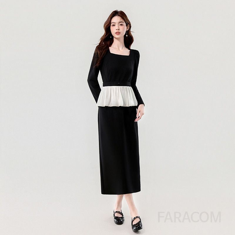 레드 스퀘어넥 슬림 드레스 가을 파티룩 빈티지 스타일 우아한 디자인 심플한 매력적 실루엣으로 특별한 날을 위한 선택 - 상세 이미지 4