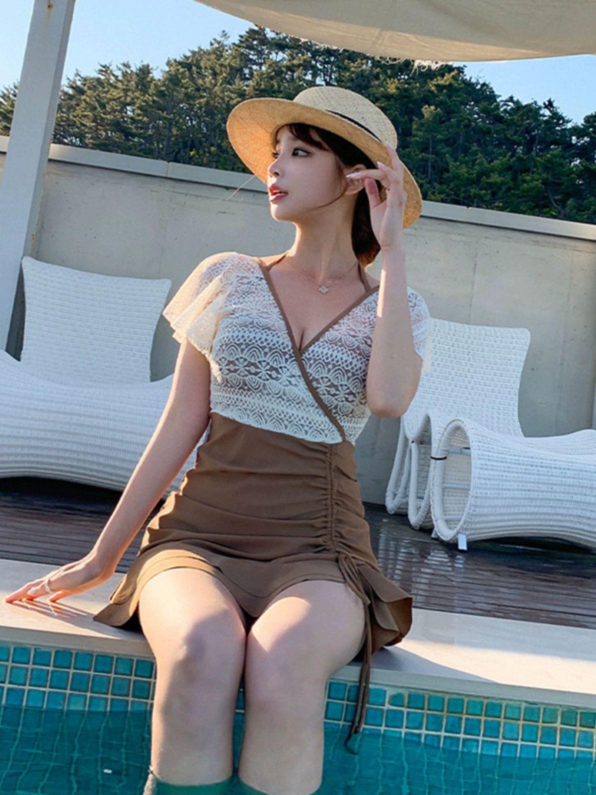 체형커버 원피스 수영복 강습용 휴양지 휴양복 여성휴가 휴가복 세련된 이쁜 데일리 브라운 M - 상세 이미지 4