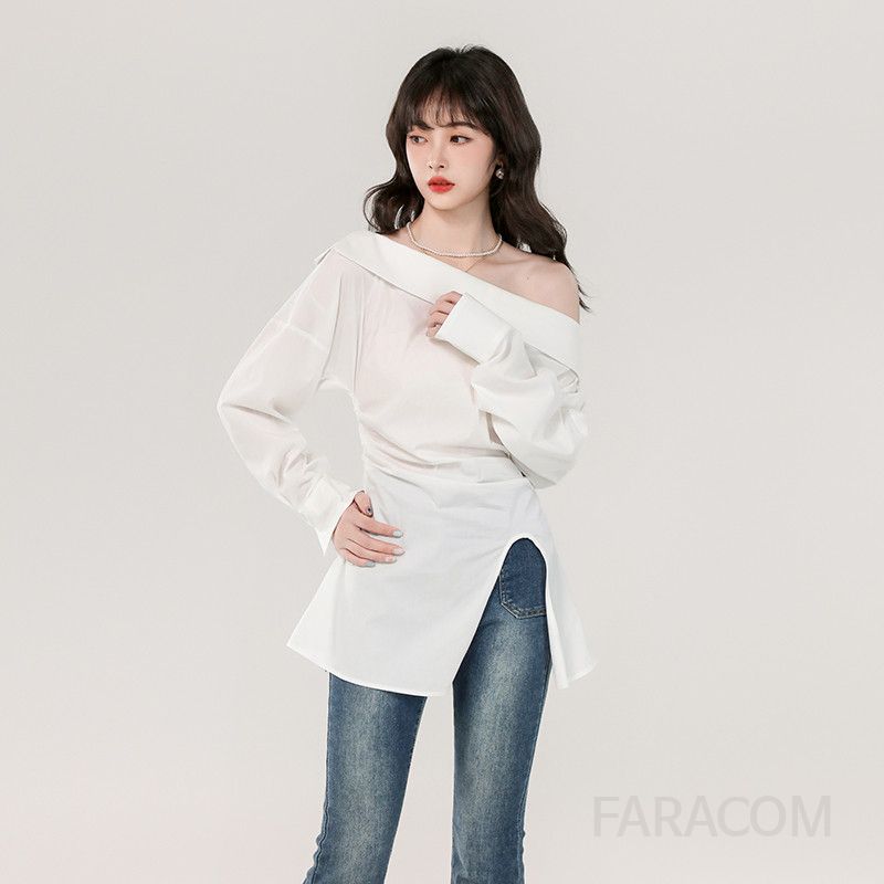 화이트 블라우스 여성 가을 허리 슬릿 긴팔 셔츠 스타일리시한 디자인 데일리 룩 고급스러운 착용감 캐주얼한 외출용 - 상세 이미지 5