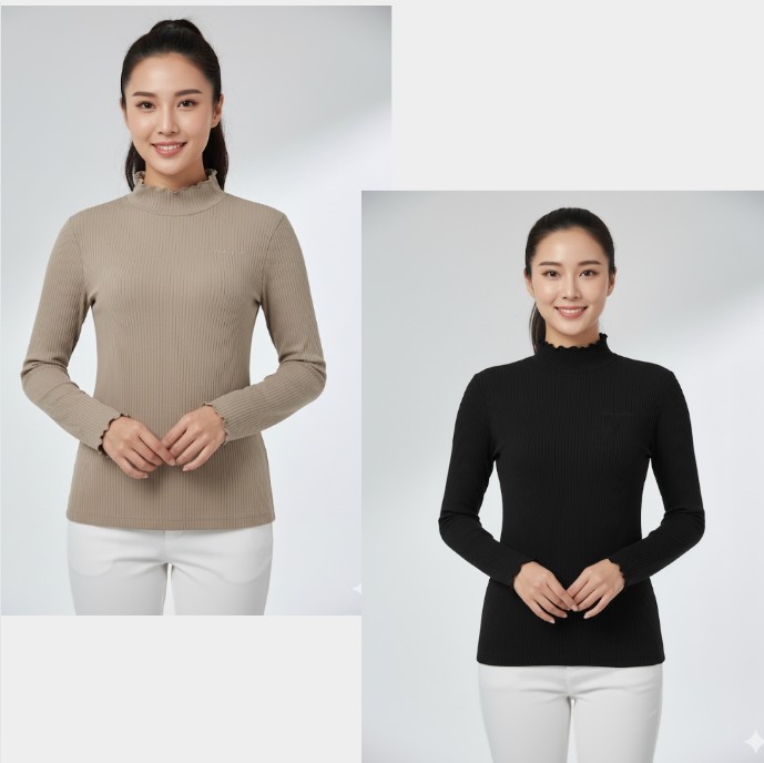 와이드앵글 여성 가을 데일리 멀티 웨어 골지 골프웨어 하이넥 티셔츠