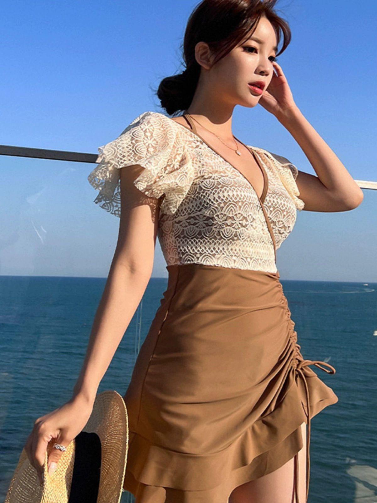 체형커버 원피스 수영복 강습용 휴양지 휴양복 여성휴가 휴가복 세련된 이쁜 데일리 브라운 M - 상품 이미지