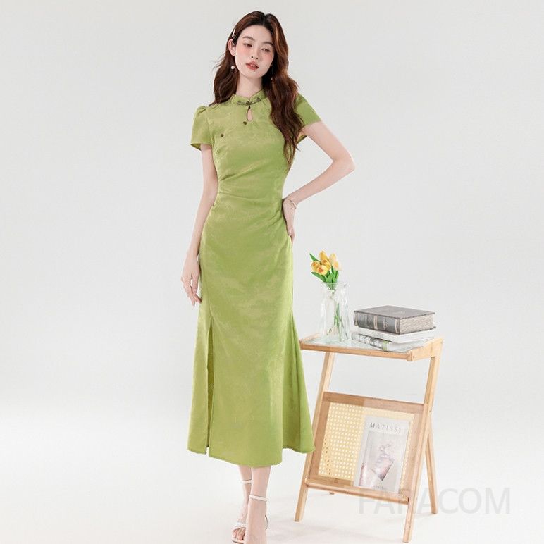 여성 슬림핏 롱 드레스 부드러운 자카드 패턴 여름 데일리 원피스 시원한 착용감 레트로 스타일 기질 있는 디자인 - 상세 이미지 3