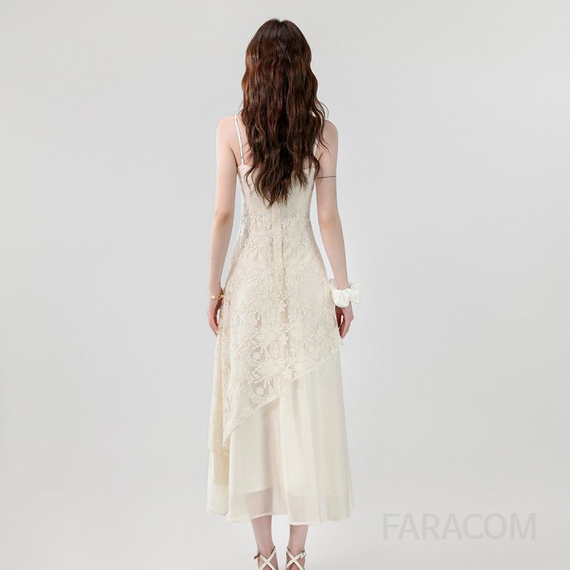 레이스 자수 불규칙 롱 서스펜더 드레스 여성 여름 원피스 프렌치 스타일 바캉스룩 휴양지룩 시원한 착용감 데일리 패션 - 상세 이미지 5