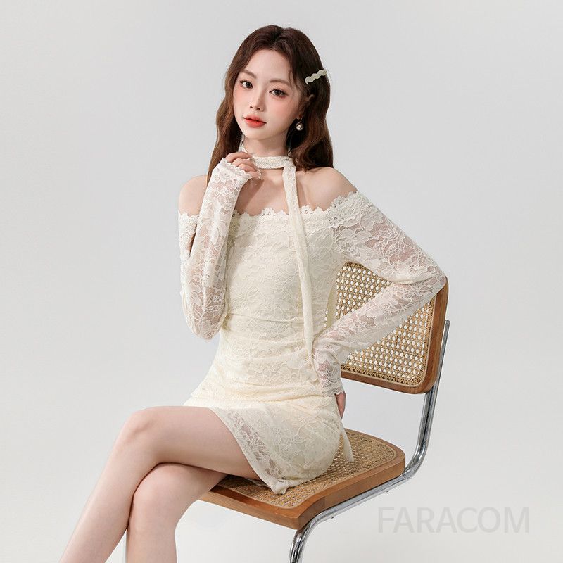 원숄더 슬림 미니드레스 레이스 디자인 파티 섹시한 스타일의 가을 아이템 결혼식 피로연에 적합한 - 상세 이미지 4