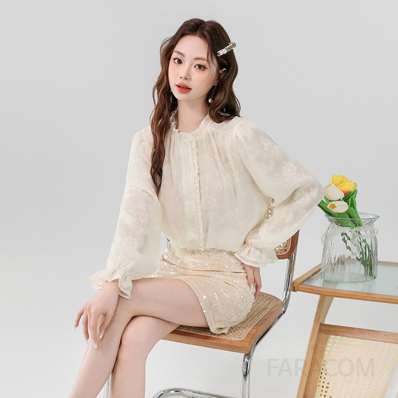 러플 퍼프 슬리브 레이스 블라우스 여름 시스루 여성블라우스 세트 스타일리시한 디자인 예쁜 캐주얼 쉬폰 탑과 스팽글 스커트 매치 40대 데일리룩 - 상세 이미지 4