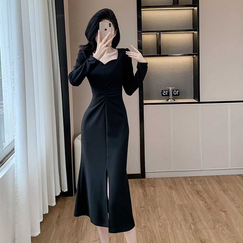 가을 스퀘어 칼라 슬림핏 롱 피쉬테일 원피스 엘라스틱 슬릿 디자인 여성 드레스 심플한 스타일 하객룩 여성원피스