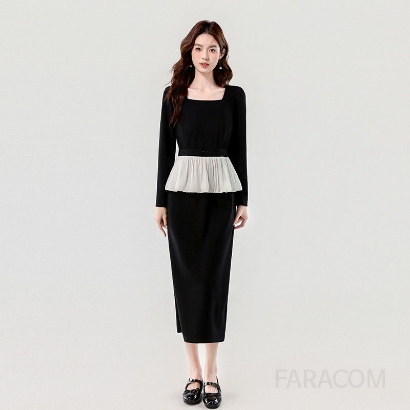 레드 스퀘어넥 슬림 드레스 가을 파티룩 빈티지 스타일 우아한 디자인 심플한 매력적 실루엣으로 특별한 날을 위한 선택 - 상품 이미지