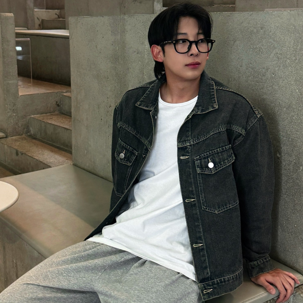 남자 키래 오버핏 카라 버튼 데님 자켓 진청 블랙 - 상세 이미지 3