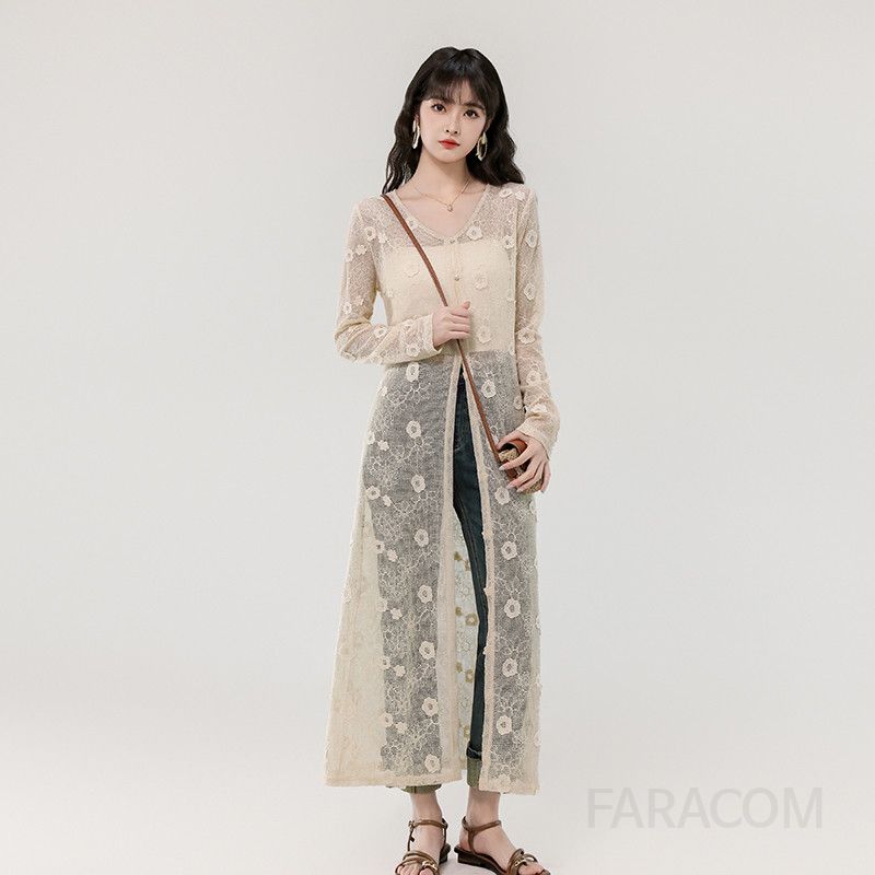 여름 여성 시스루 플라워 롱 가디건 에어컨 셔츠 자외선 차단 스타일리시한 휴가 패션 시원한 착용감 데일리 활용 가능