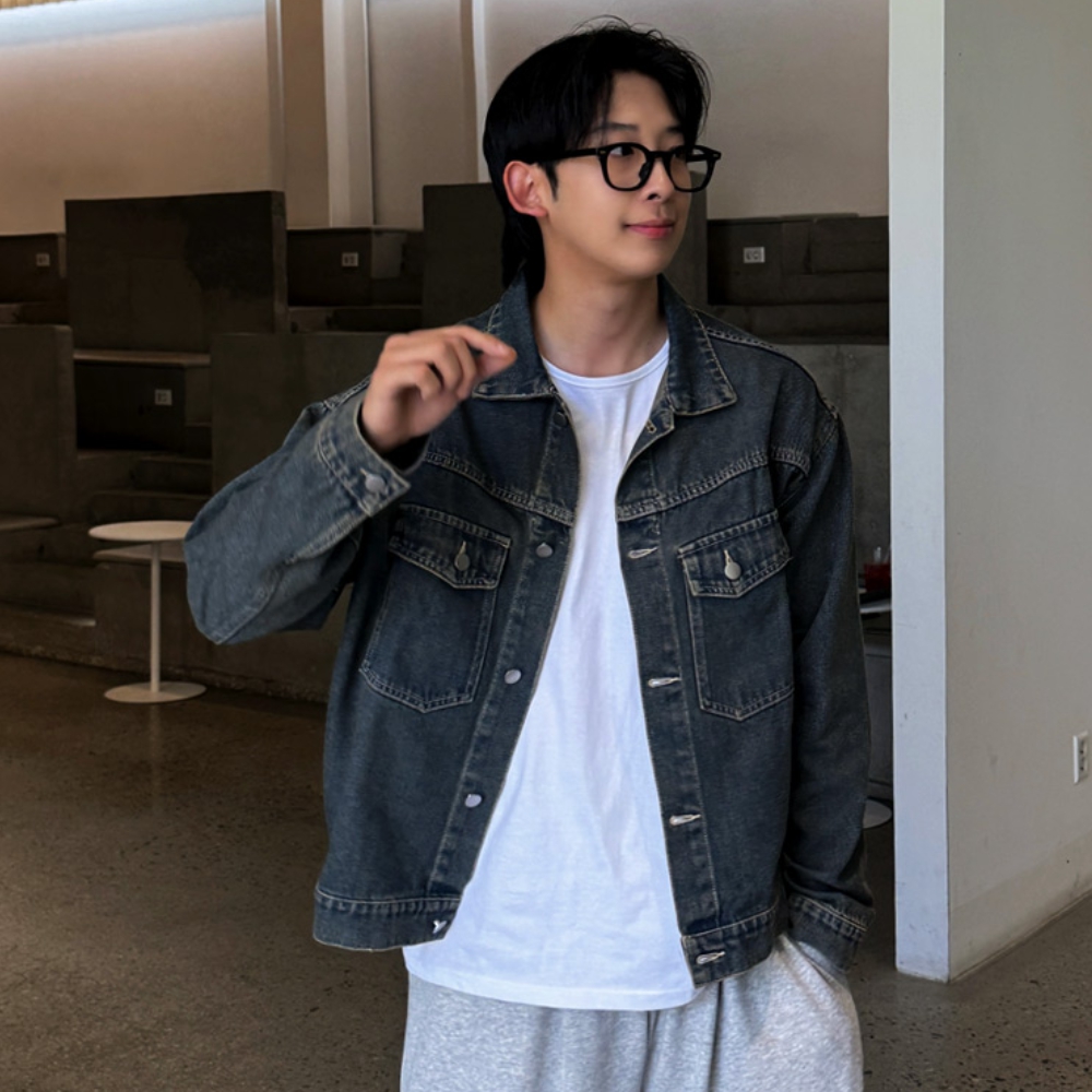 남자 키래 오버핏 카라 버튼 데님 자켓 진청 블랙 - 상품 이미지