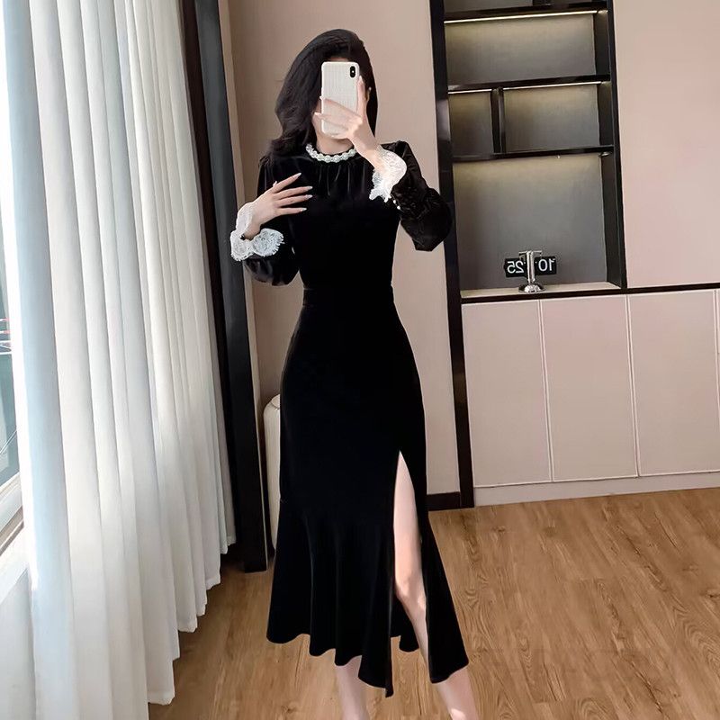 가을 여성 벨벳 드레스 슬림핏 진주 레이스 힙랩 머메이드 스타일 파티룩 우아한 롱 원피스 특별한 날을 위한 세련된 디자인 - 상세 이미지 4
