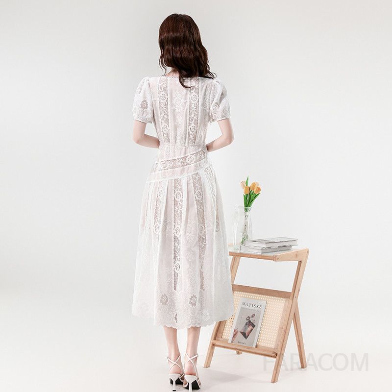 레이스 자수 롱드레스 슬림핏 여성 여름원피스 우아한 디자인 바캉스룩 휴양지룩 시원한 착용감 데일리 스타일 - 상세 이미지 5