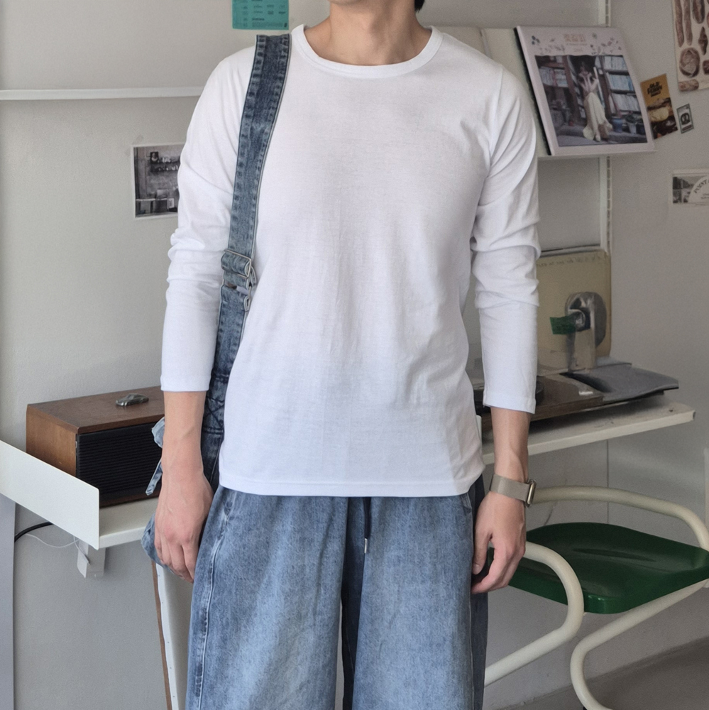 남자 긴팔티 빅사이즈 흰색 이너 레이어드 면 무지 20수 티셔츠 - 상품 이미지