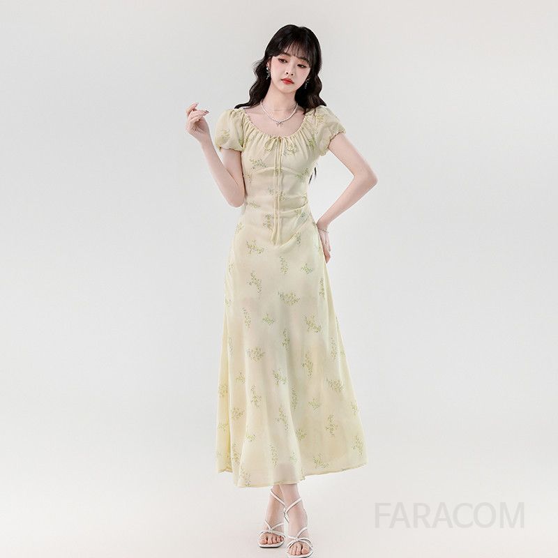 여성 여름 롱 드레스 프렌치 로맨틱 슬림 플로럴 민소매원피스 드로스트링 디자인 시원한 착용감 바캉스룩 휴양지 스타일 - 상품 이미지