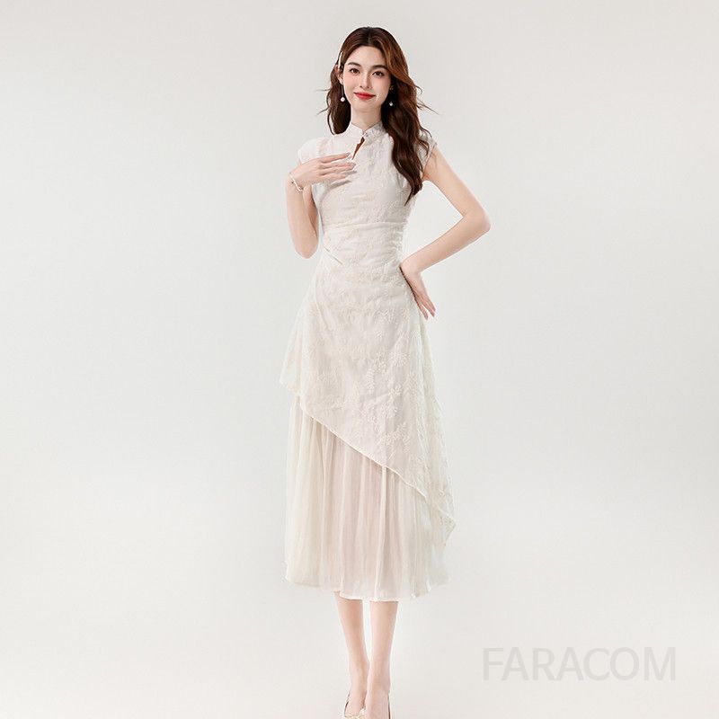 여름 개량형 치파오 롱 드레스 불규칙 디자인 여성 원피스 허리 슬림핏 시원한 착용감 데일리룩 바캉스룩 휴양지룩 - 상품 이미지