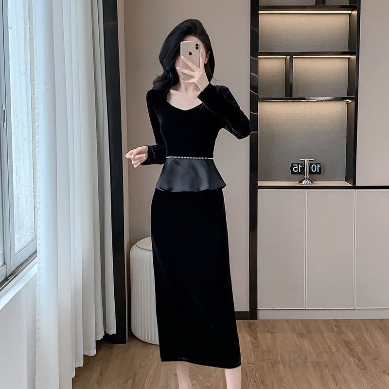 벨벳 슬림 긴팔 드레스 여성용 파티 촬영용 러플 스퀘어 칼라 엘레강스 스타일 결혼식 피로연 연주복 고급스러운 디자인 - 상세 이미지 2