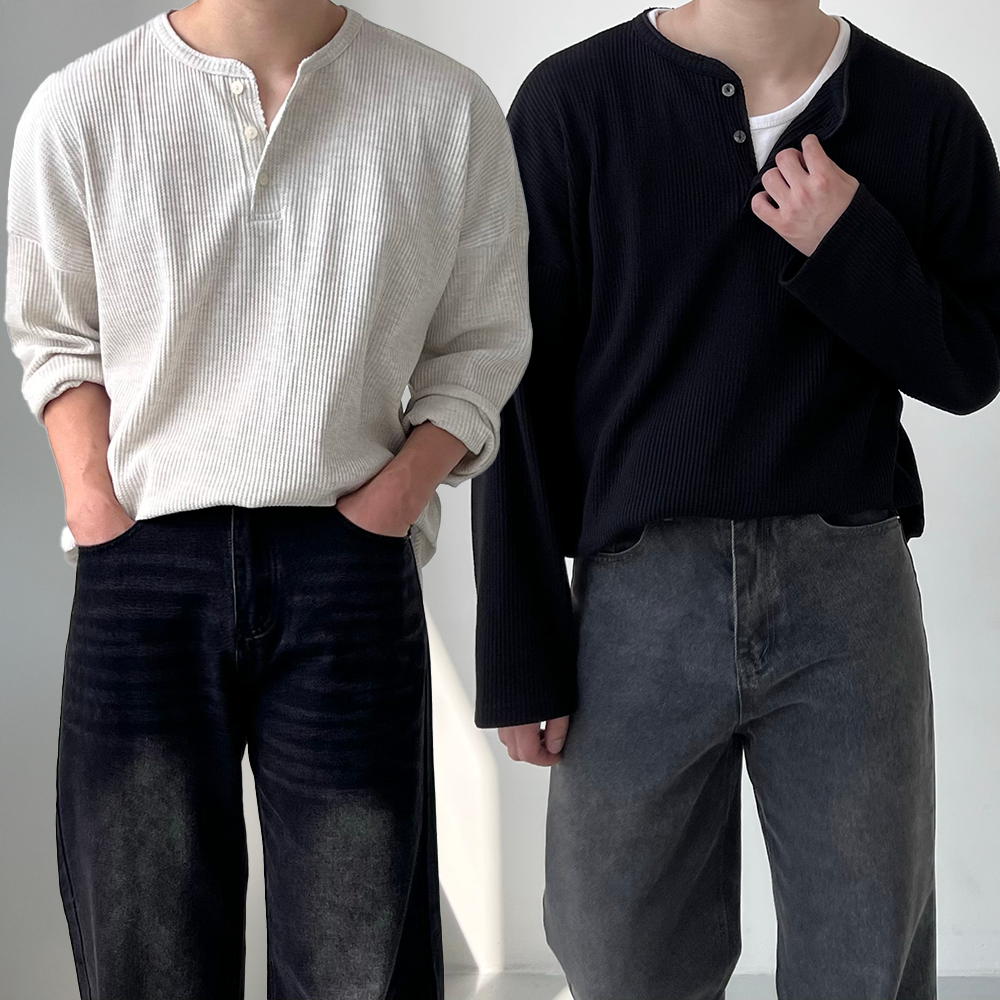 1+1 헨리넥긴팔 헨리넥 남자오버핏긴팔티 와플티