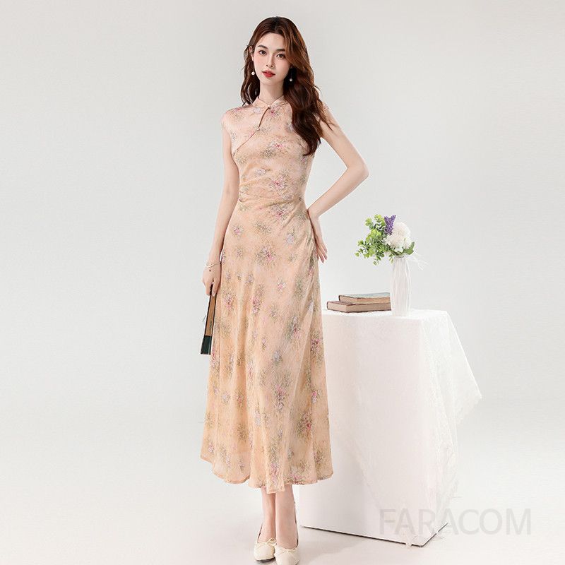 여름 소형 꽃무늬 개량형 치파오 롱드레스 여성 우아한 로맨틱 스타일 시원한 착용감 바캉스룩 휴양지원피스 외출용 - 상품 이미지