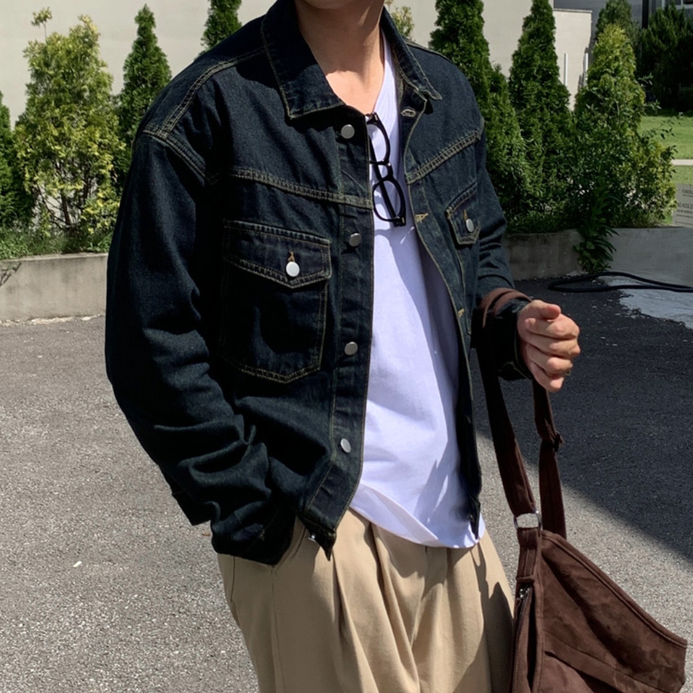 남자 키래 오버핏 카라 버튼 데님 자켓 진청 블랙 - 상세 이미지 2