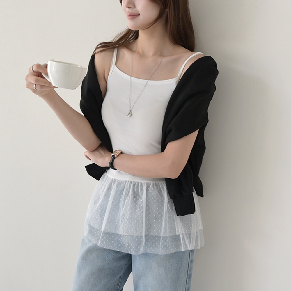 여성 민소매 레이어드 밑단 프릴 레이스 도트 샤 나시 티 레깅스 맨투맨 이너 끈나시 마고