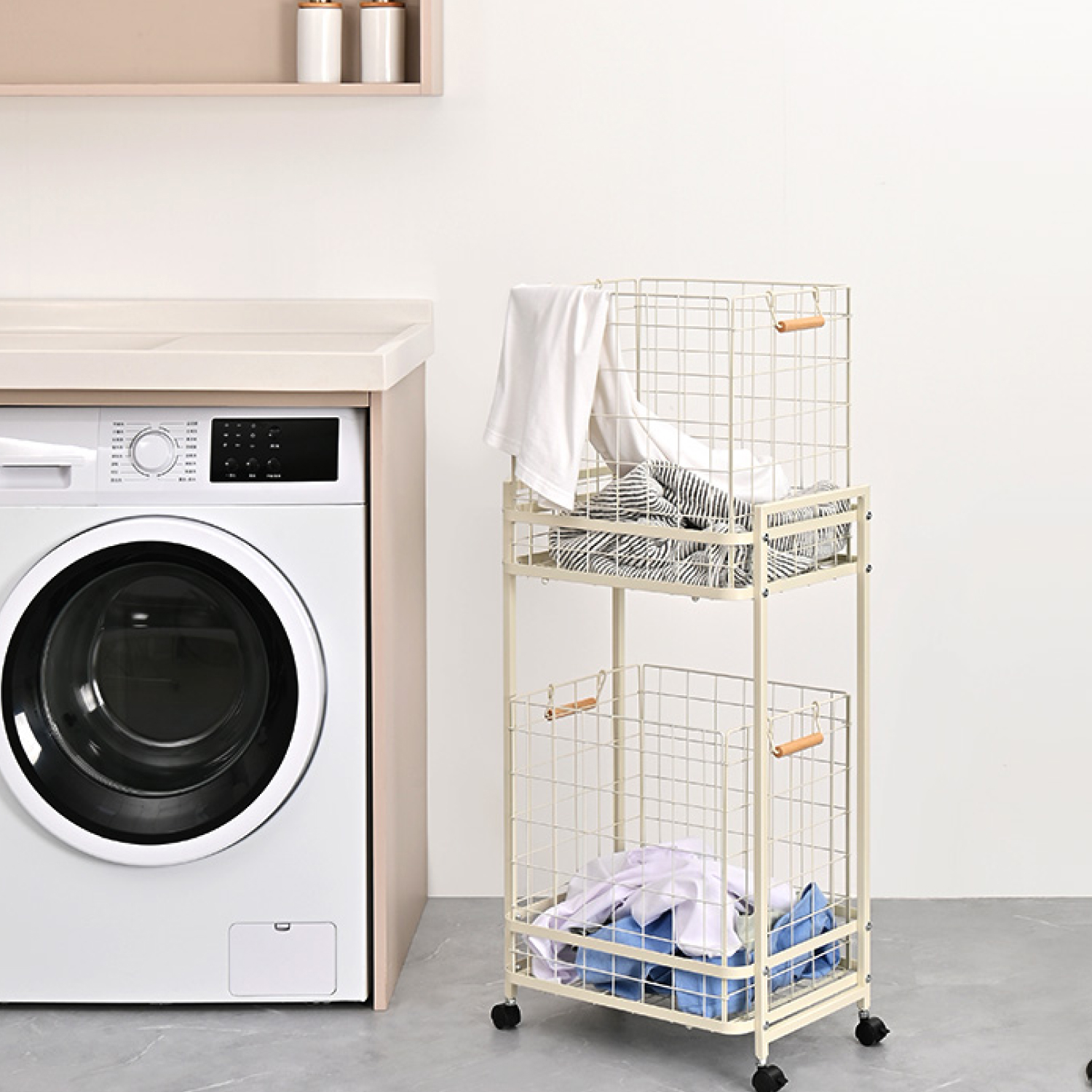 생활의견 이동식 스텐 빨래바구니 3단 대용량 빨래통 세탁바구니 햄퍼