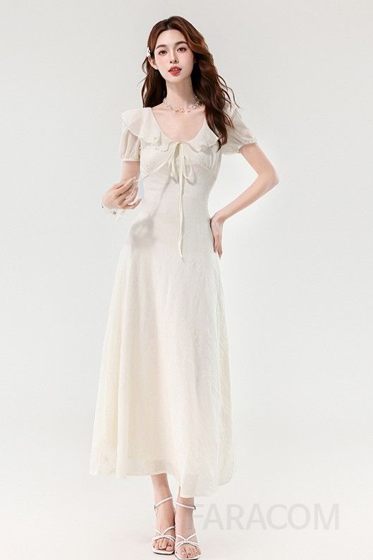 여름 휴양지룩 우아한 연꽃잎 칼라 여성 롱 드레스 슬림핏 바캉스원피스 시원한 착용감 스타일리시한 외출용 원피스 - 상세 이미지 5