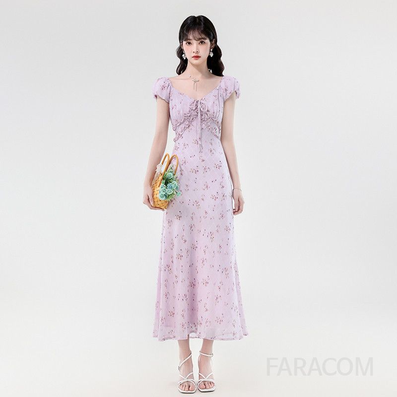 여성 여름 롱 드레스 우아한 레이스업 브이넥 슬림핏 시원한 착용감 데일리 바캉스룩 스타일링 비치웨어 휴양지원피스 - 상품 이미지