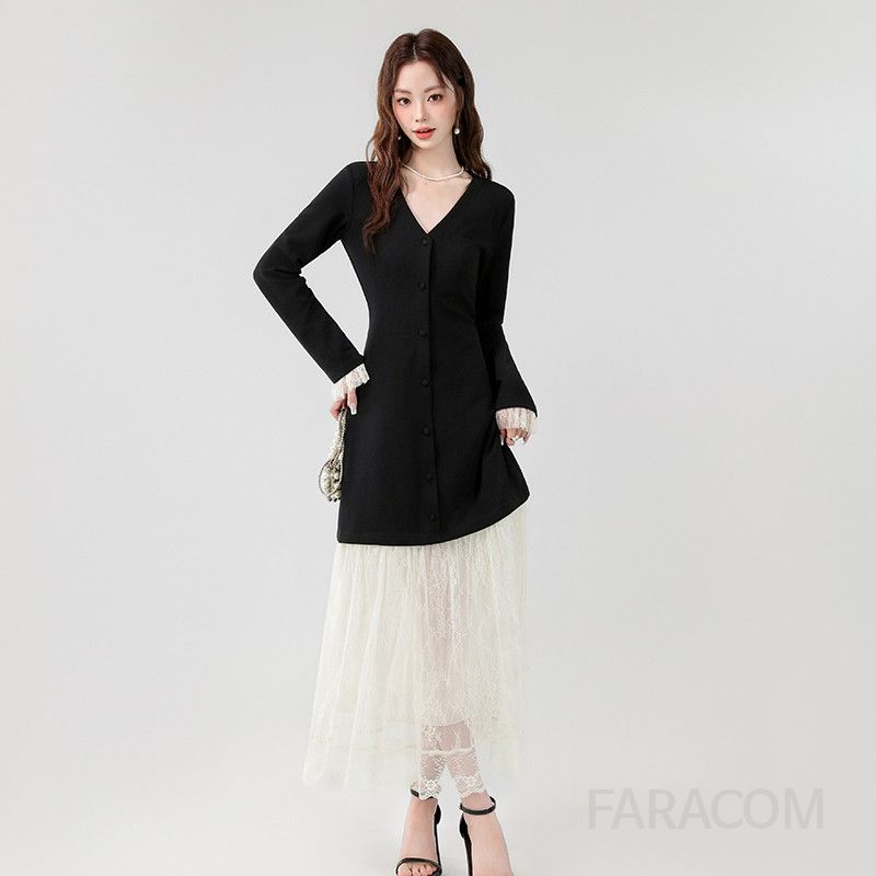 가을 레이스 슬림 롱 드레스 여성 V넥 니트 긴팔 스타일 하객룩 데일리 우아한 디자인 매력적인 착용감 모던한 분위기