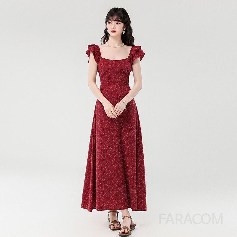 여름 스퀘어넥 드로스트링 롱원피스 우아한 플로럴 레이스업 디자인 휴양지룩 바캉스룩 여성용 스타일리시한 착용감 부드러운 소재 매력적인 데일리 드레스 - 상품 이미지