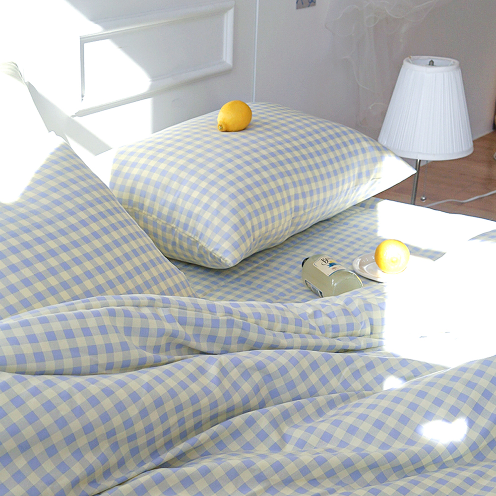 드림체크 먼지없는 사계절 옥수수솜 무봉제 차렵이불세트 블루 레몬, SS베이직세트(이불+베개커버)
