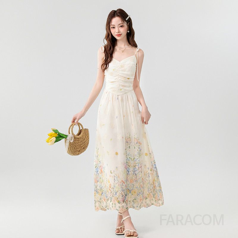 여성 여름 롱원피스 V넥 슬림핏 자수 프린트 서스펜더 드레스 로맨틱 스타일 데일리룩 바캉스룩 휴양지룩 시원한 착용감 - 상세 이미지 4