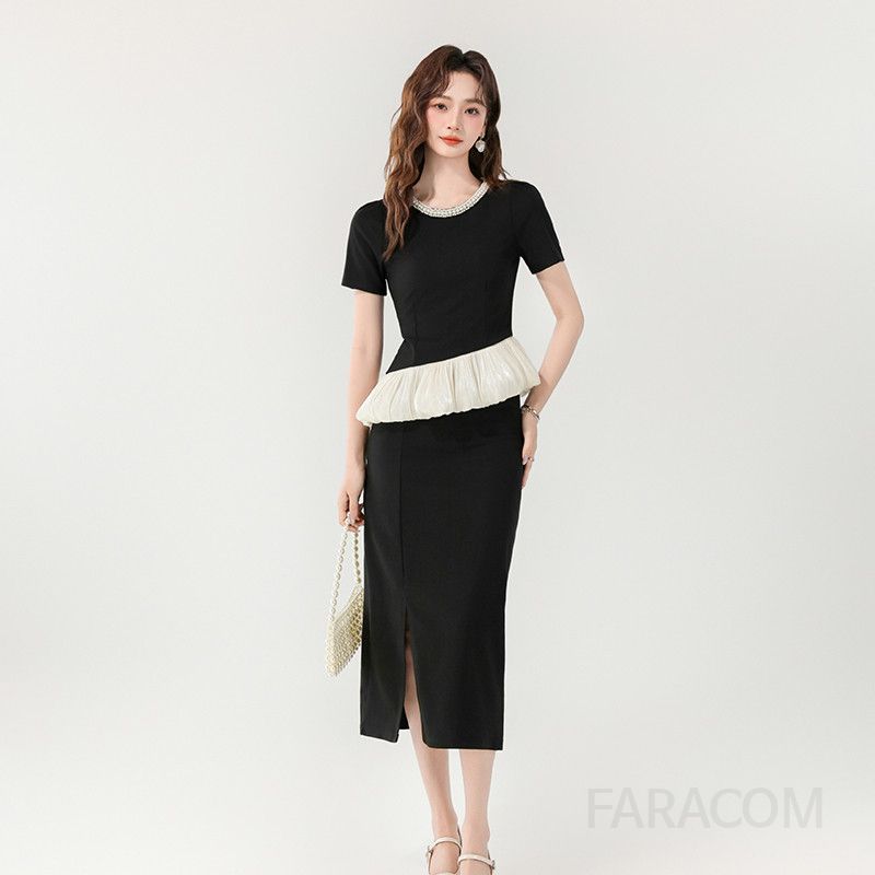 여성 슬림핏 비즈장식 러플 롱 슬릿 투피스 세트 우아한 스타일 오피스룩 봄 여름 여성원피스 데일리룩 신혼여행 데이트룩 - 상품 이미지