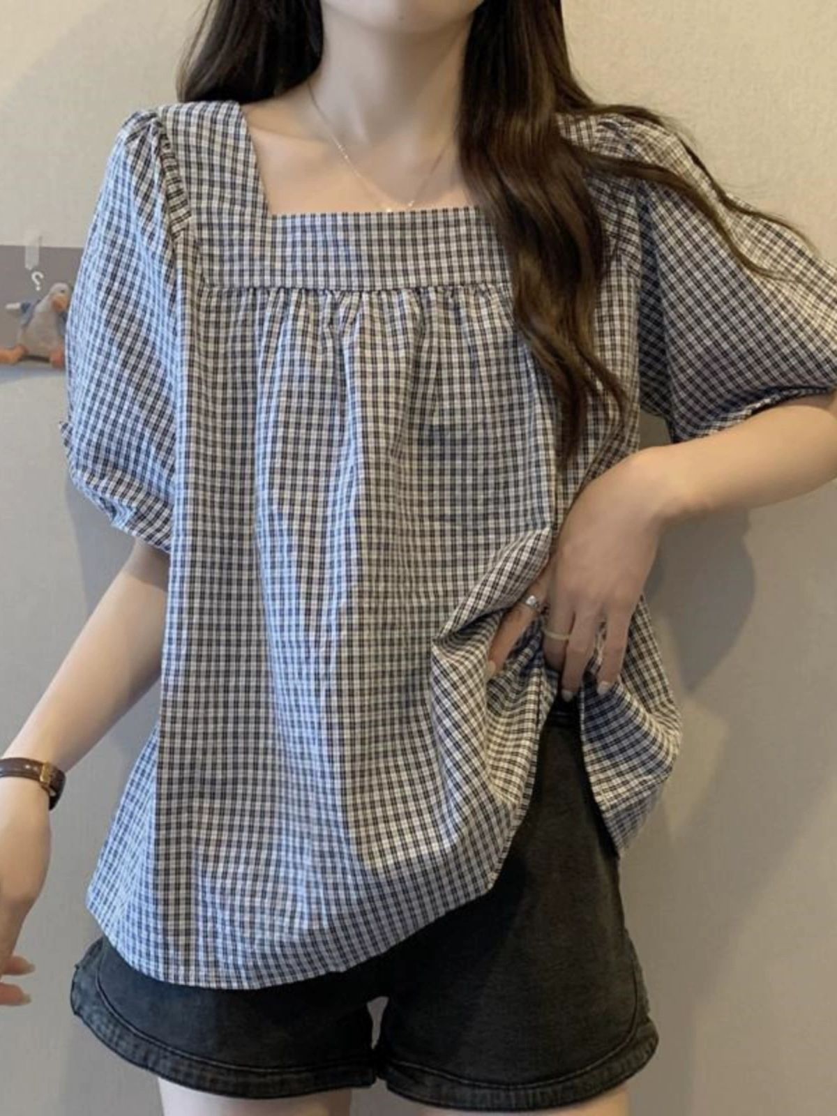 스퀘어넥블라우스 퍼프셔츠 빅사이즈 반팔 숏 여름 하객룩 여성셔츠 티블라우스 셔츠블라우스 체크무늬 M 60.0kg 이내 - 상품 이미지
