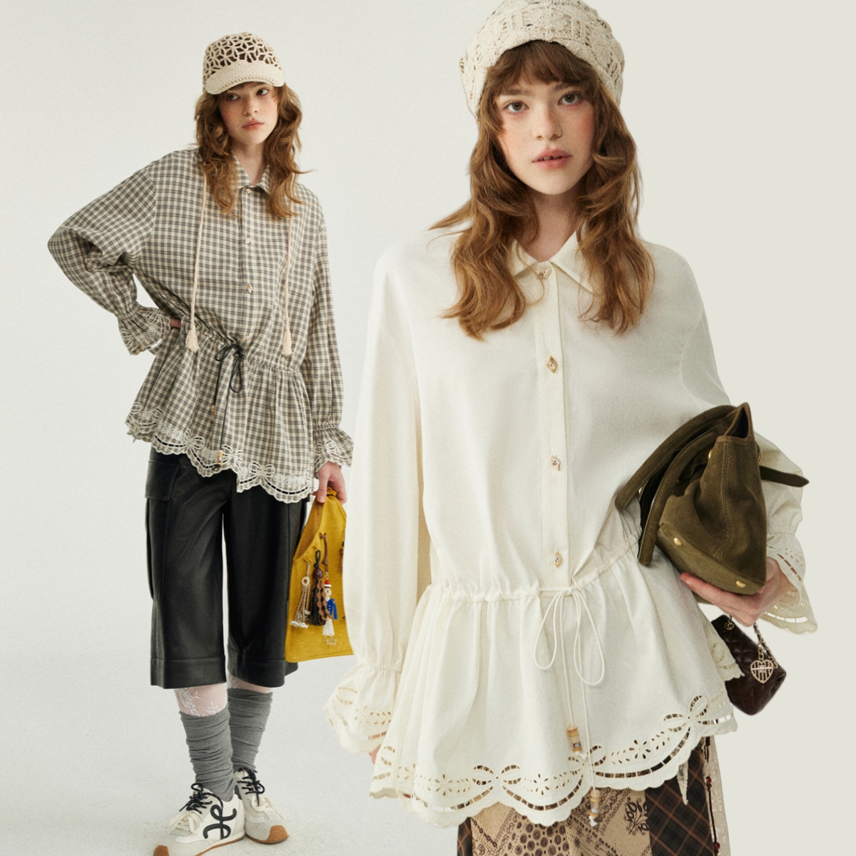3color 레이스 디테일 체크 셔츠 원피스 - 상품 이미지