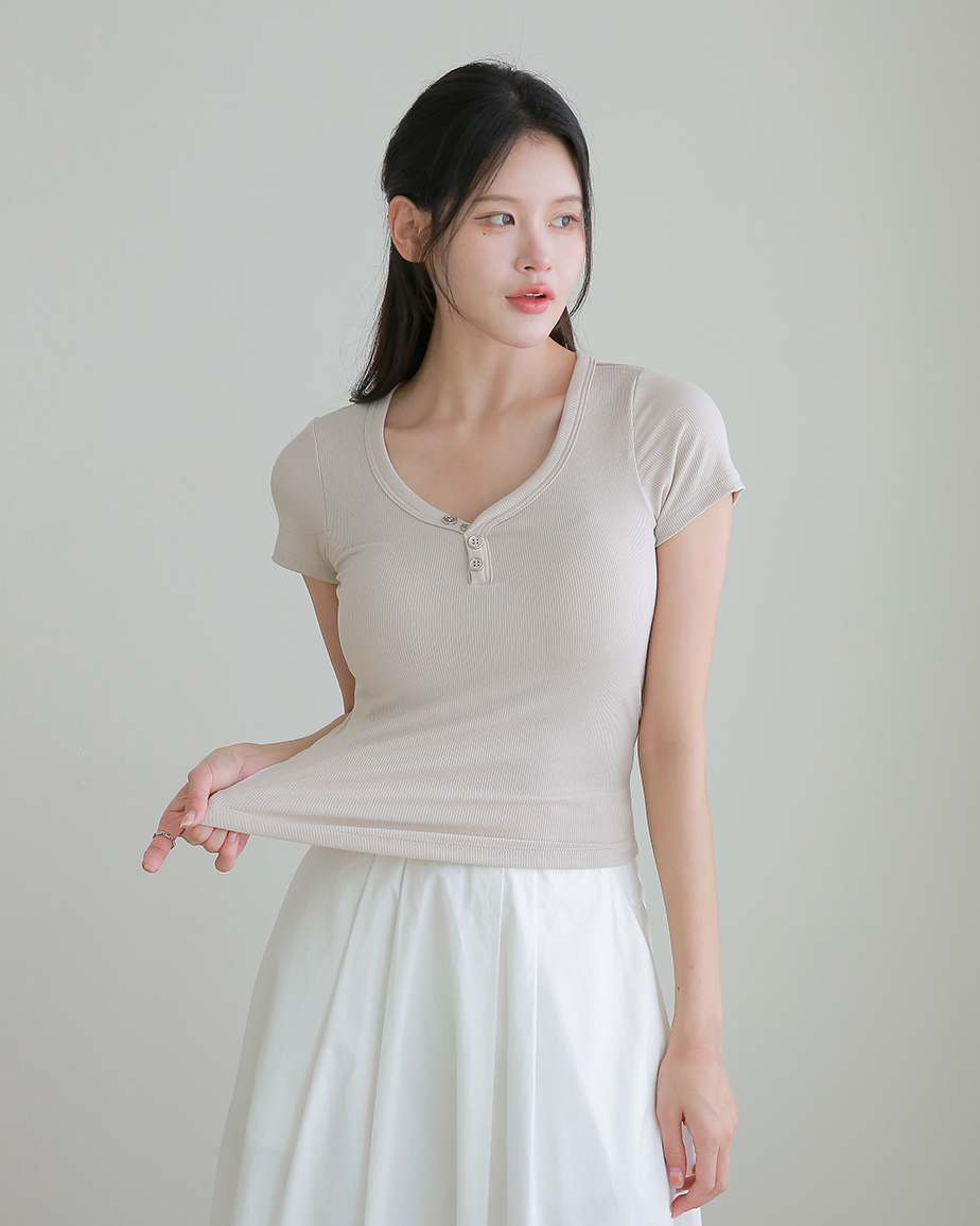 DDO 여성 볼륨핏 노브라티 패드 캡내장 베이직 U넥 골지 헨리넥 반팔티 간절기 이너 루앙 - 상세 이미지 4