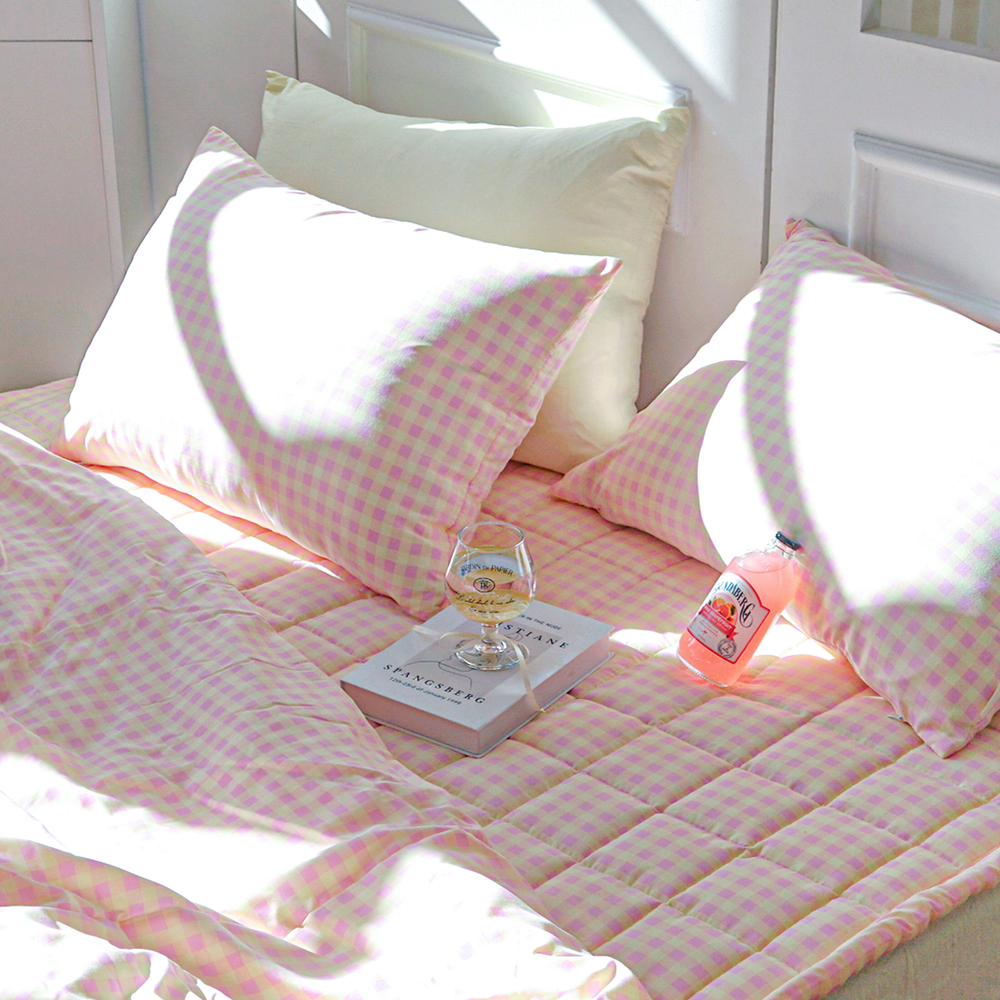 드림체크 먼지없는 사계절 옥수수솜 무봉제 차렵이불세트 핑크 레몬, Q패드세트(이불+베개커버+침대패드)