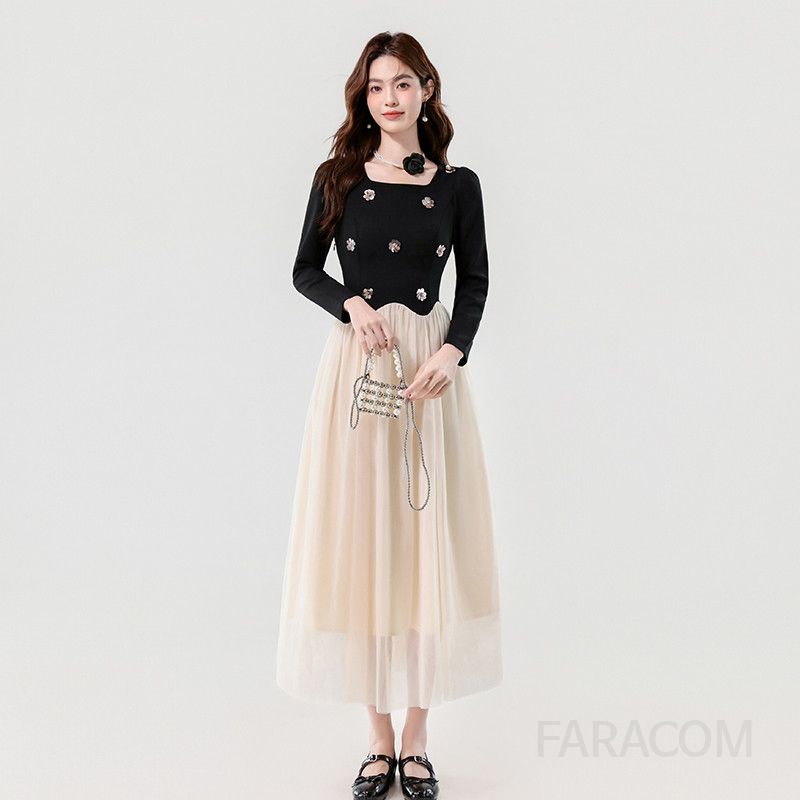 여성 스퀘어 칼라 롱원피스 가을 플라워 메쉬 디자인 스타일 우아한 하객룩 데일리 드레스 정장 느낌의 고급스러운 착용감