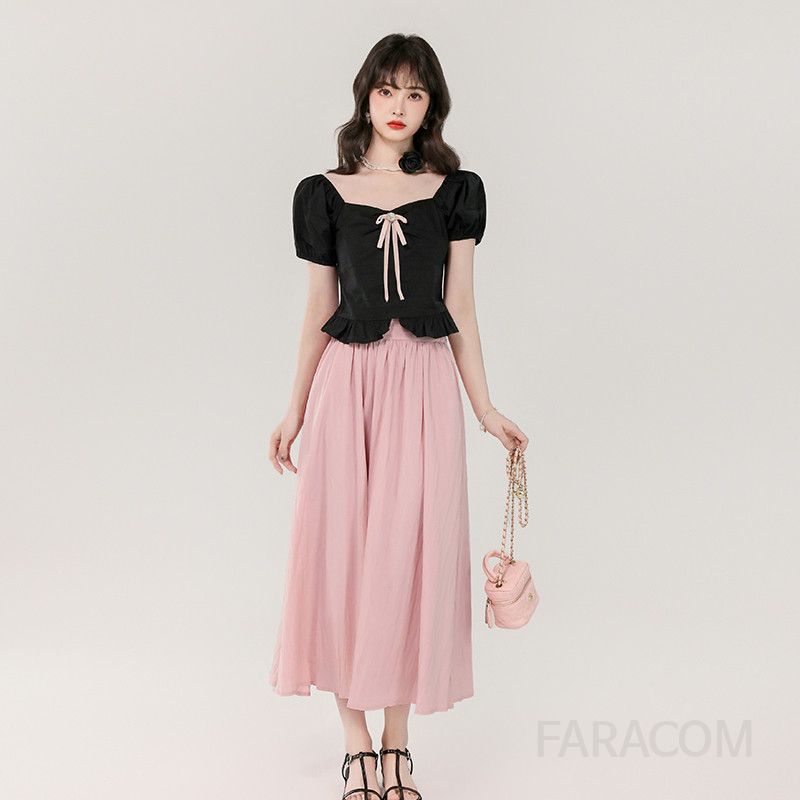 스퀘어 칼라 퍼프 소매 여성 투피스 세트 여름 정장 스타일 하객룩 원피스 리본 디테일 프린세스 감성 데일리룩 세련된 디자인 - 상세 이미지 4