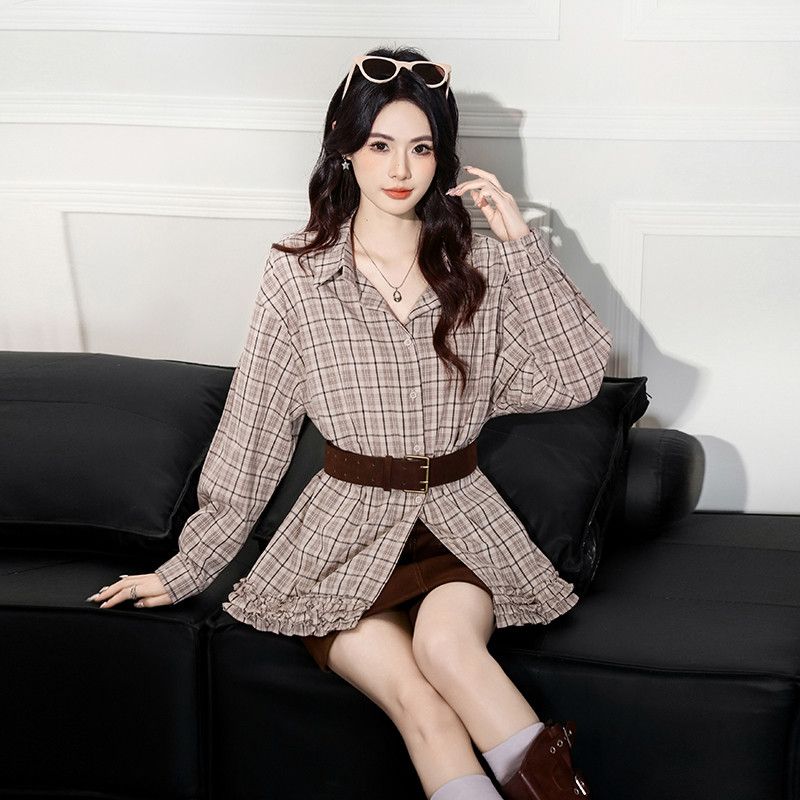 여성 체크셔츠 긴팔 가을 트렌디한 스타일 벨트 세트 구김없는 편안한 착용감 오버핏 데일리룩 시크한 매치 아이템 - 상품 이미지